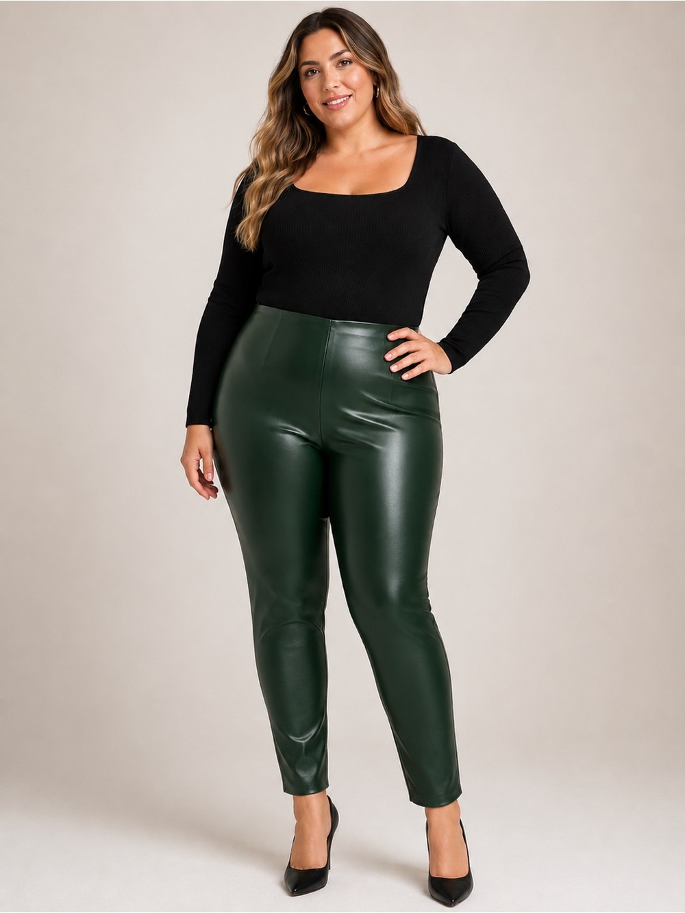 Vince Camuto High-Waist Skinny Faux Leather Leggings in Dark Green Size XL